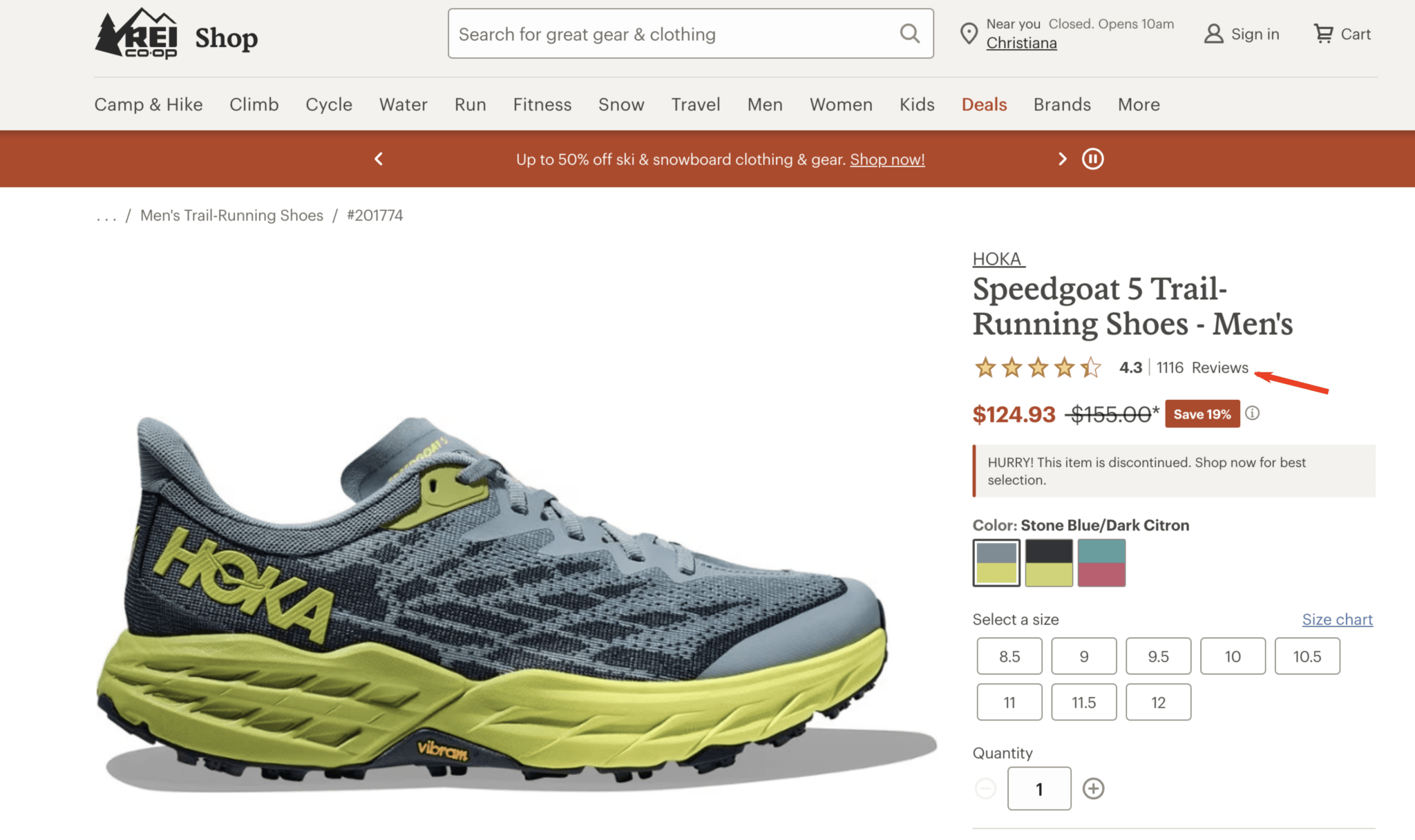 A screenshot of a product, Hoka Speedgoat 5 Trail, as cited in one of Claude's recommendations in its AI answers.