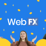 Three people enthusiastically look at the WebFX logo surrounded by coins and sparkles