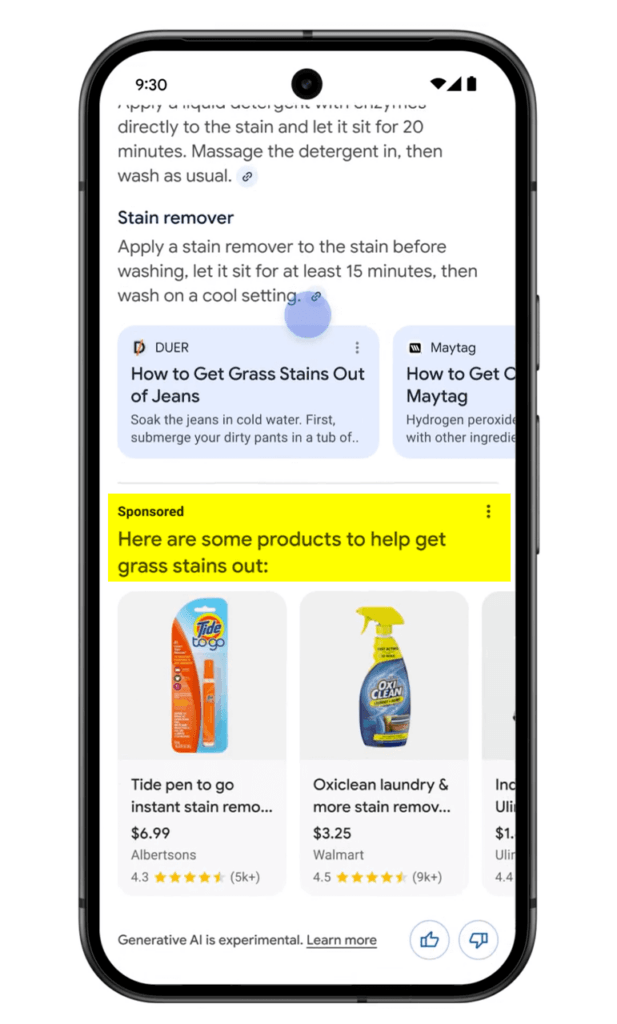 Mobile phone screenshot showing Google Search AI Overview results for grass stain removal on jeans