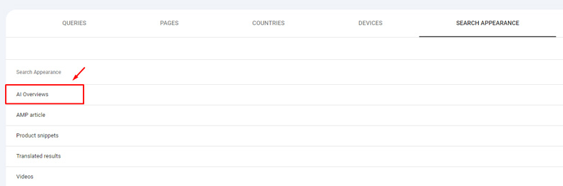 A screenshot of Google Search Console showing exactly where to track AI Overview impressions.