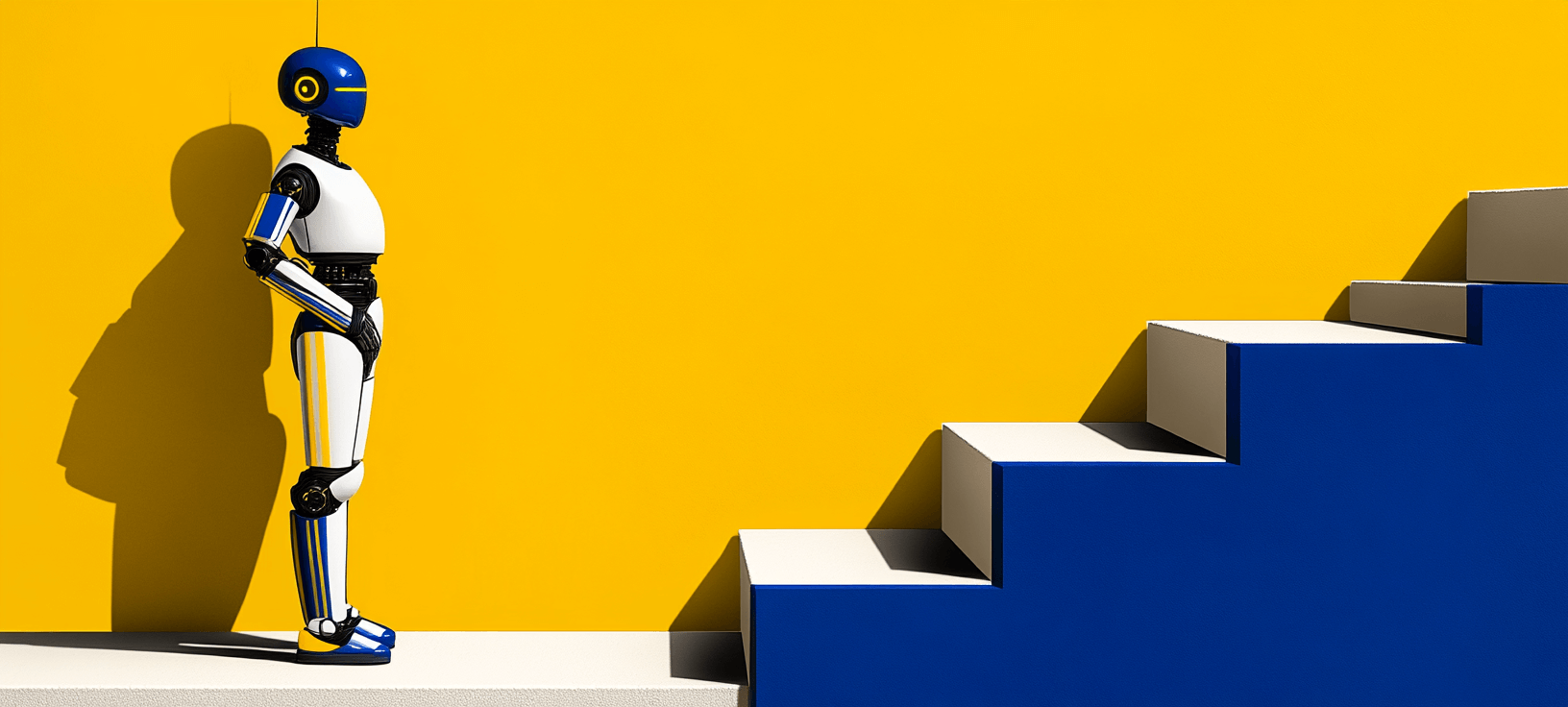 AI ranking factors graphic with a robot looking at a staircase