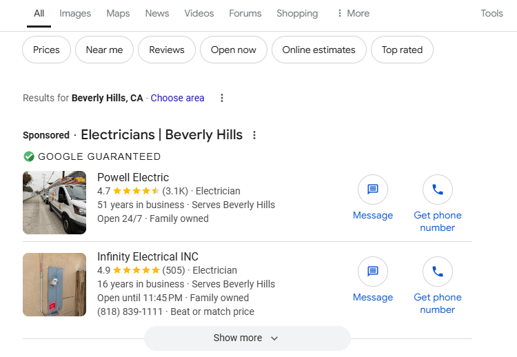 Google LSA electrician ad