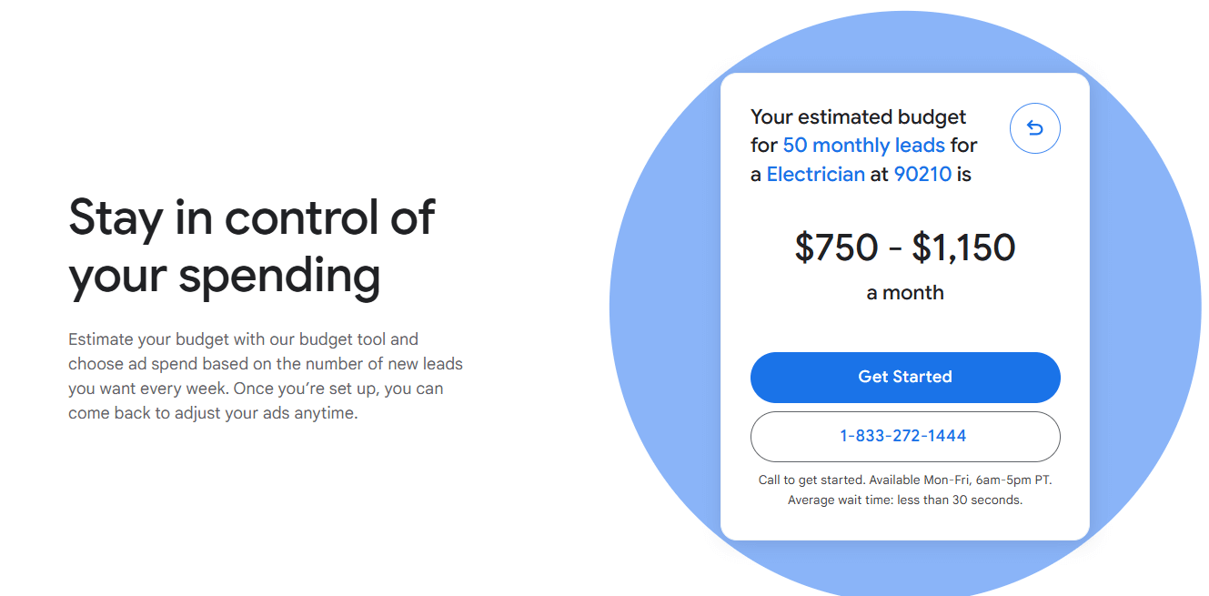 Google LSA Ads calculator for electrician