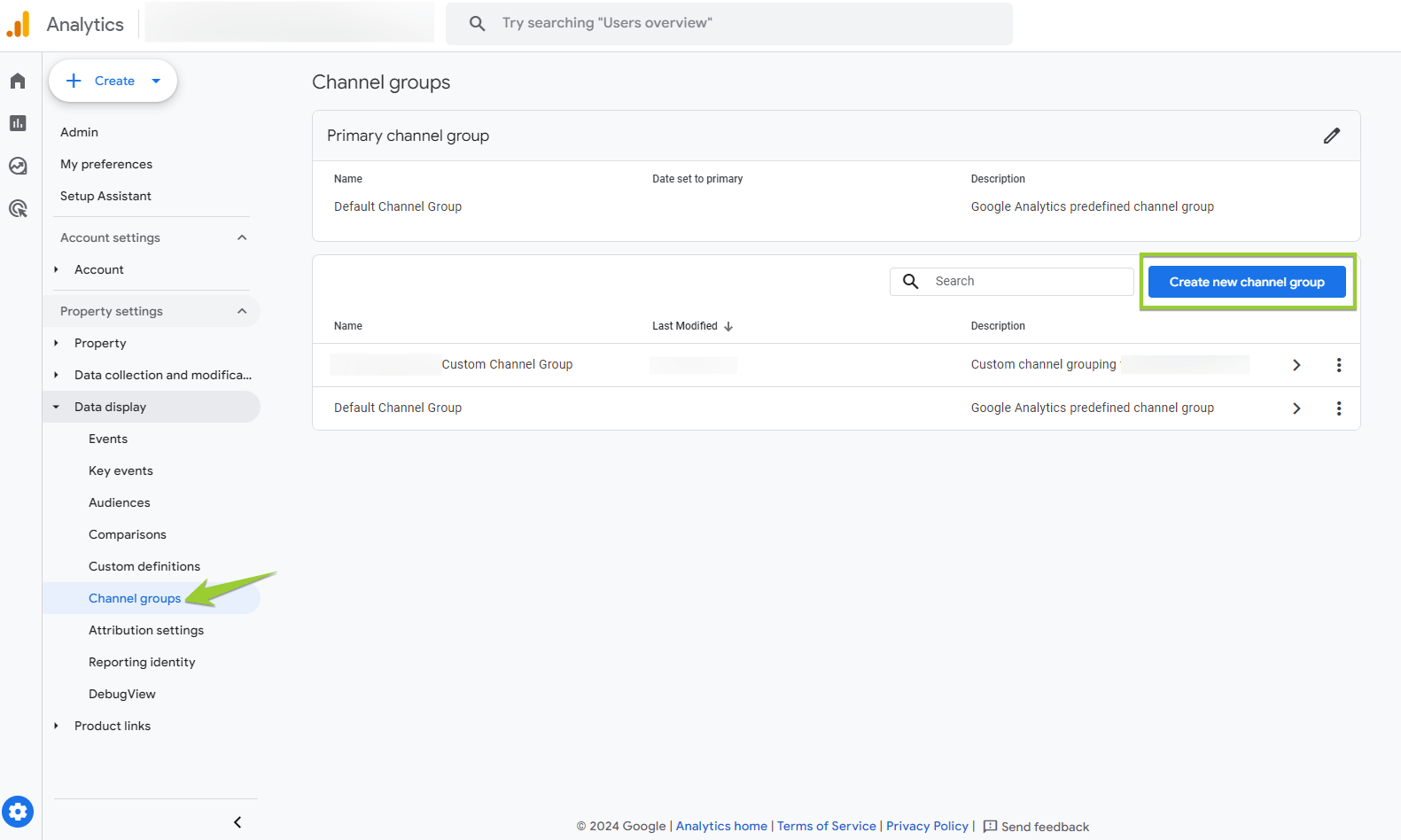 A screenshot of Google Analytics 4 (GA4) showing how to set up a custom channel group to track referrals from tools like ChatGPT, Gemini, Perplexity, Claude, and more.