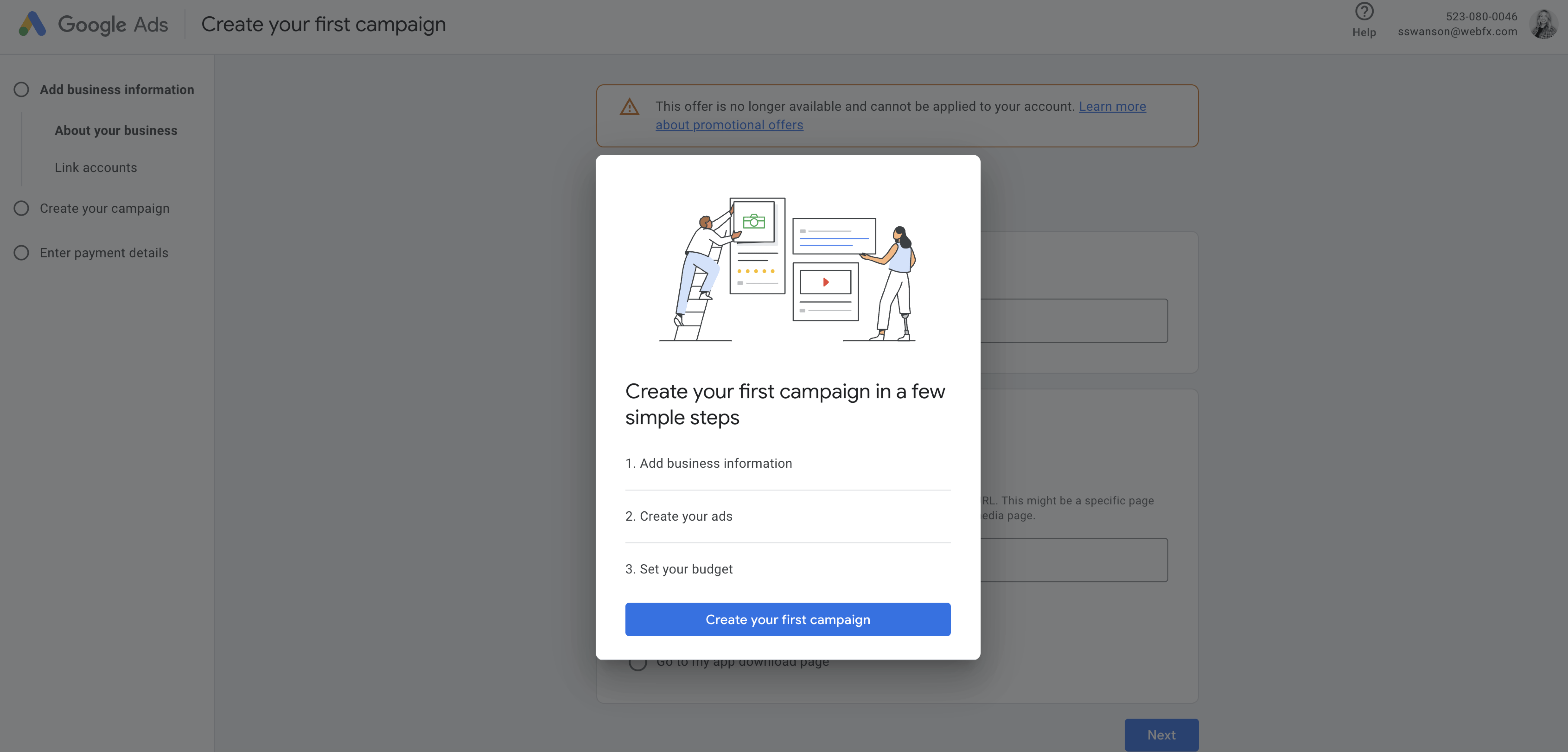 google ads set up page