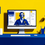 A desktop computer on a blue desk shows a man in a headset, with a yellow and blue split wall in the background.