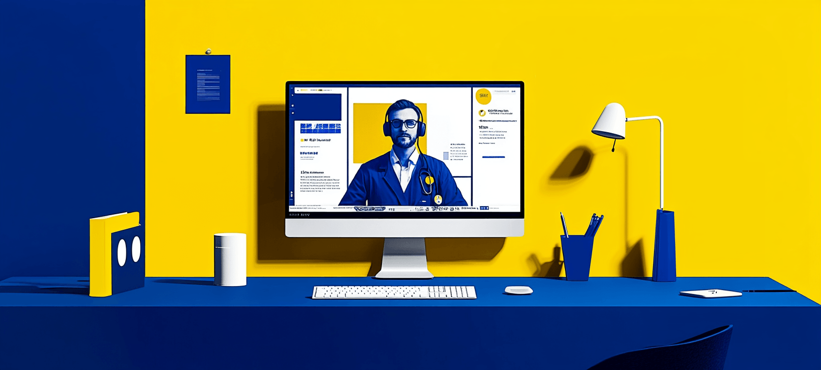 A desktop computer on a blue desk shows a man in a headset, with a yellow and blue split wall in the background.