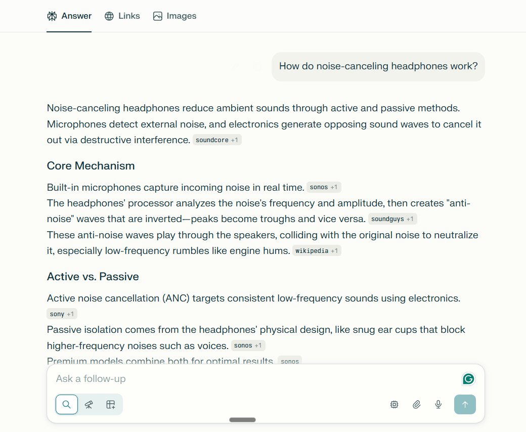  A query on Perplexity about how noise-canceling headphones work