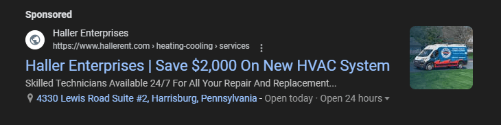 PPC ad for an HVAC company