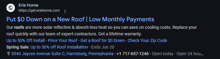 Roofing ad in Google search results