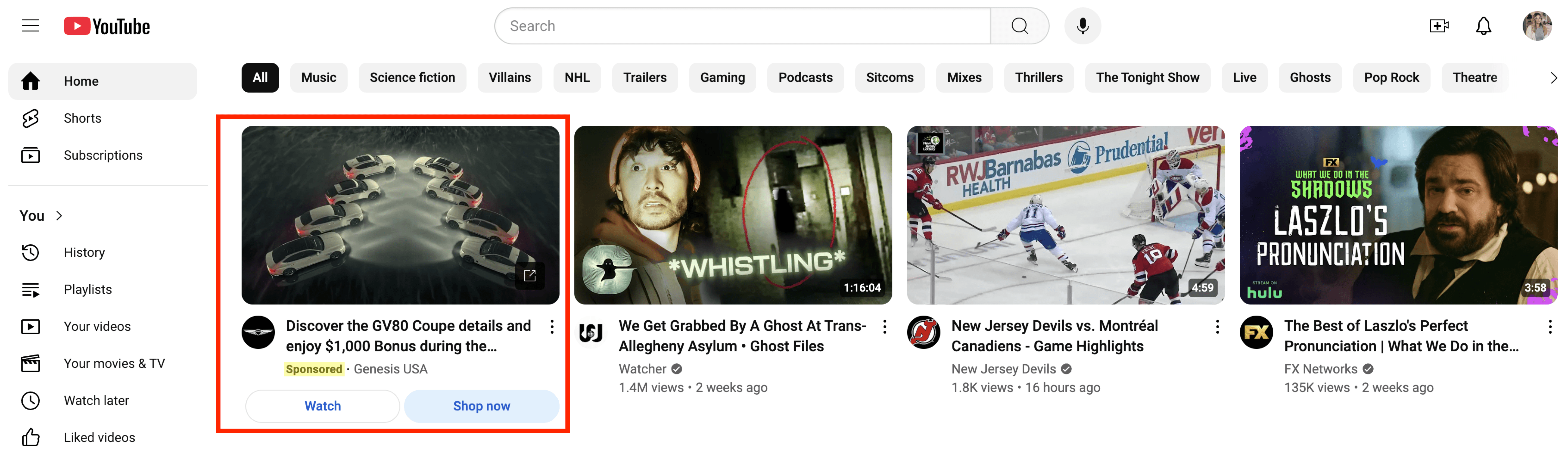 example of a youtube in-feed video ad on home page