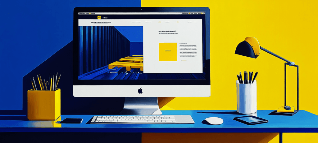 Stylized workspace featuring an iMac displaying a website with blue and yellow accents.