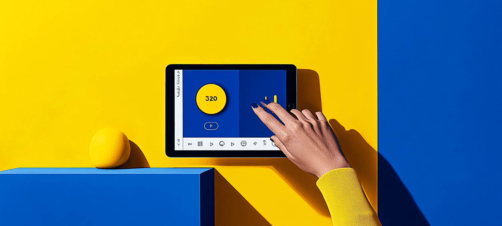 A hand with blue nail polish uses a tablet displaying the number 320, on a yellow and blue background with a yellow ball.