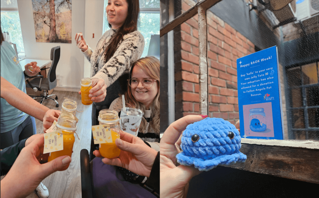 on the left, a group of people toasting. on the right, a crochet jelly