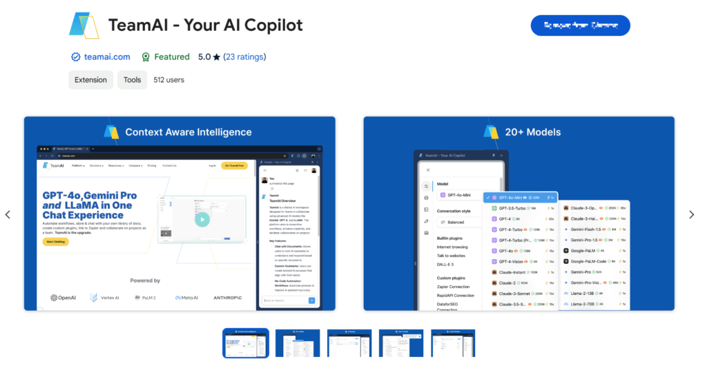 TeamAI chrome extension in the Chrome store
