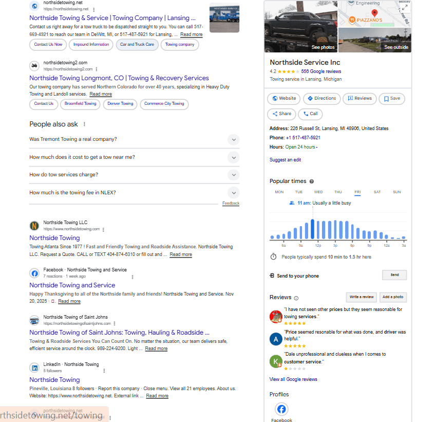 A screenshot of a fully-optimized GBP for Northside Towing.