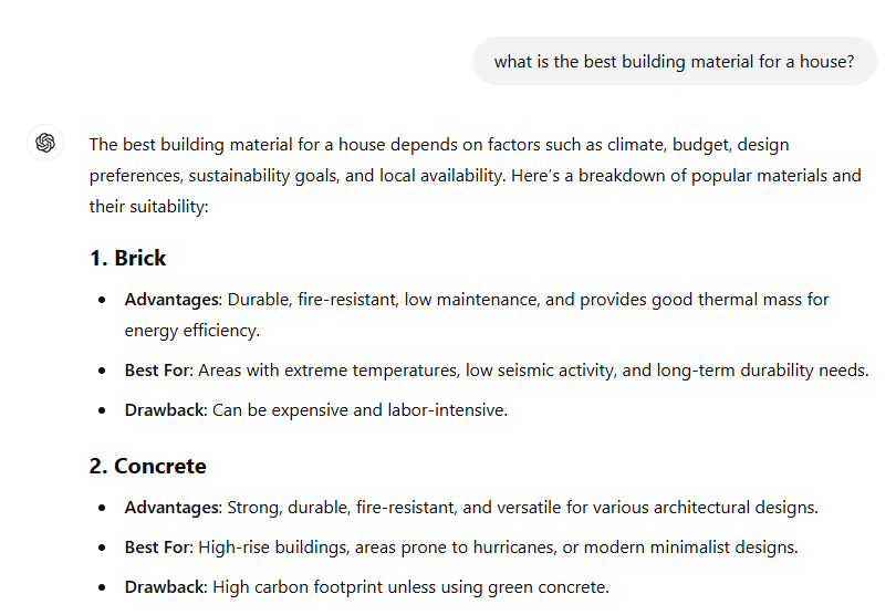 ChatGPT providing a response about building materials