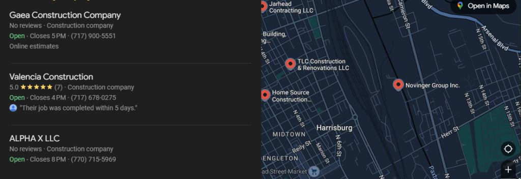 Google Business Profile for construction company