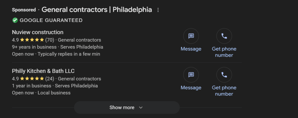 Google Local Services Ads for a contractor in Philadelphia