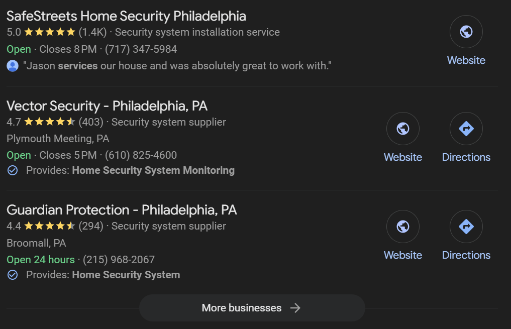 Home security Google Business Profile listing
