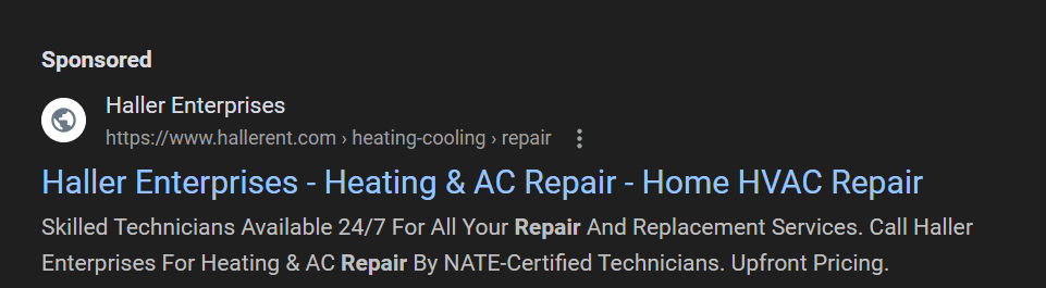 HVAC PPC ad on Google