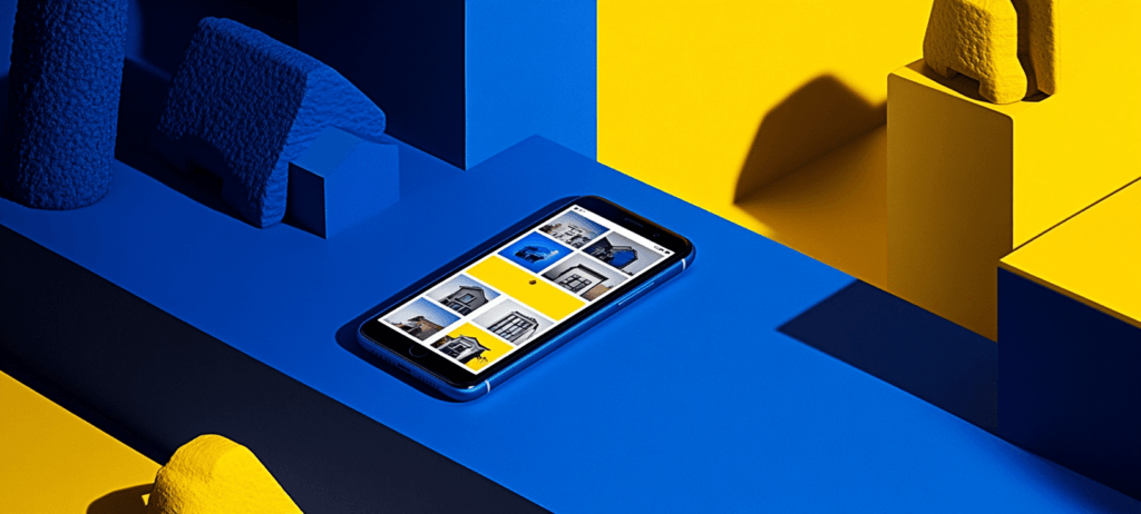A smartphone with house photos on a blue and yellow geometric surface.