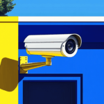 A security camera is mounted on a wall split between yellow and blue, with trees and sky visible above.