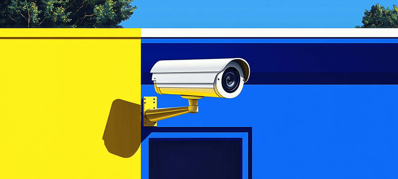A security camera is mounted on a wall split between yellow and blue, with trees and sky visible above.