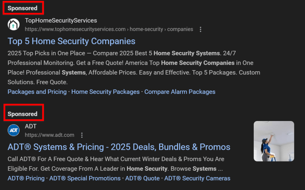 Home security ads in Google search results