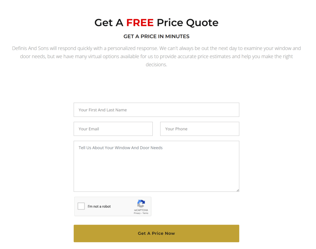 Free price quote submission form on a door and window company's website