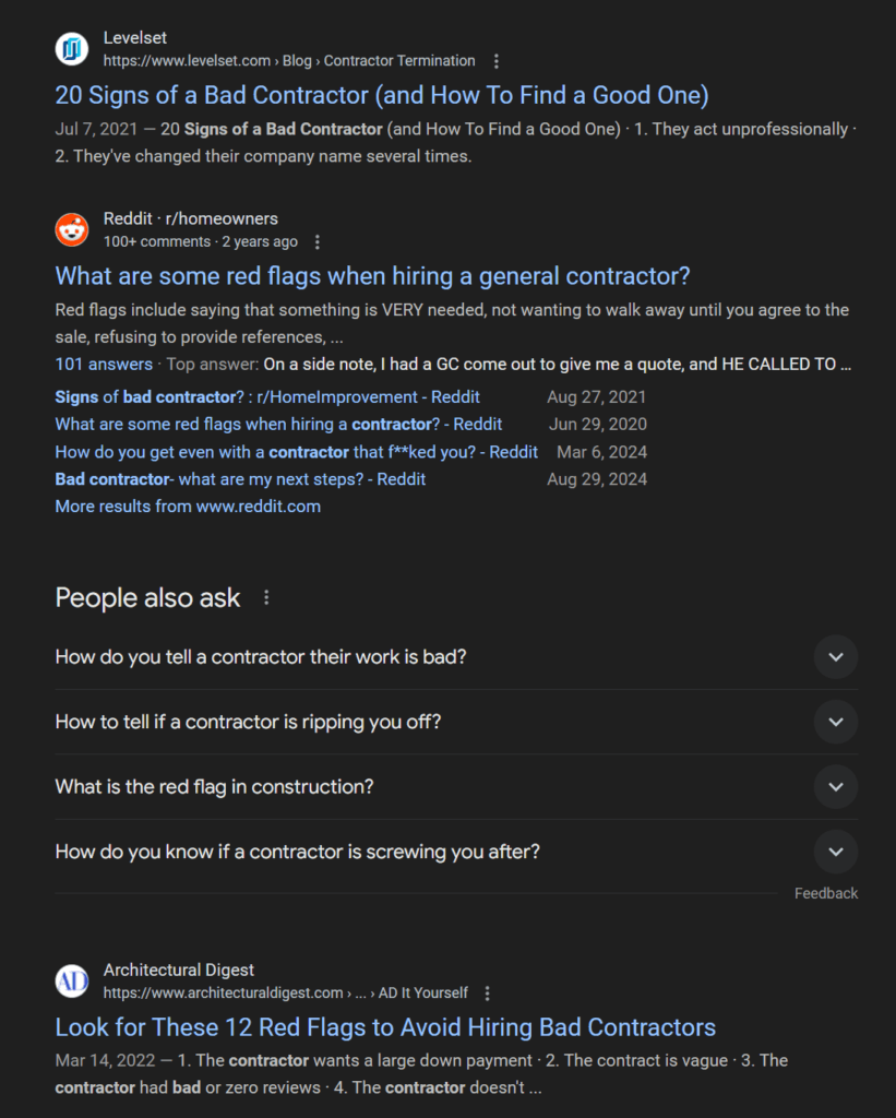 Search results for a query about bad contractors