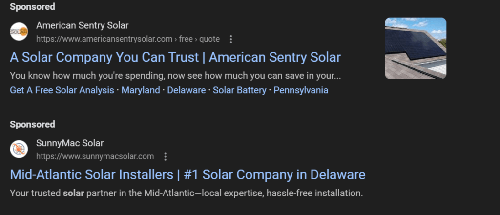 Solar company ads appearing at the top of paid search results