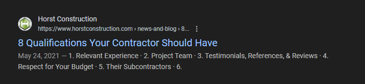 Title tag and meta description for a construction company listing