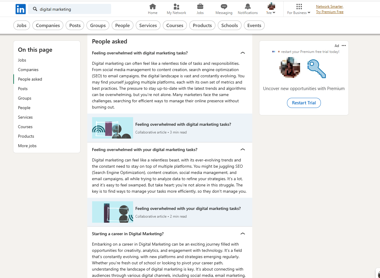 LinkedIns search showing results for digital marketing