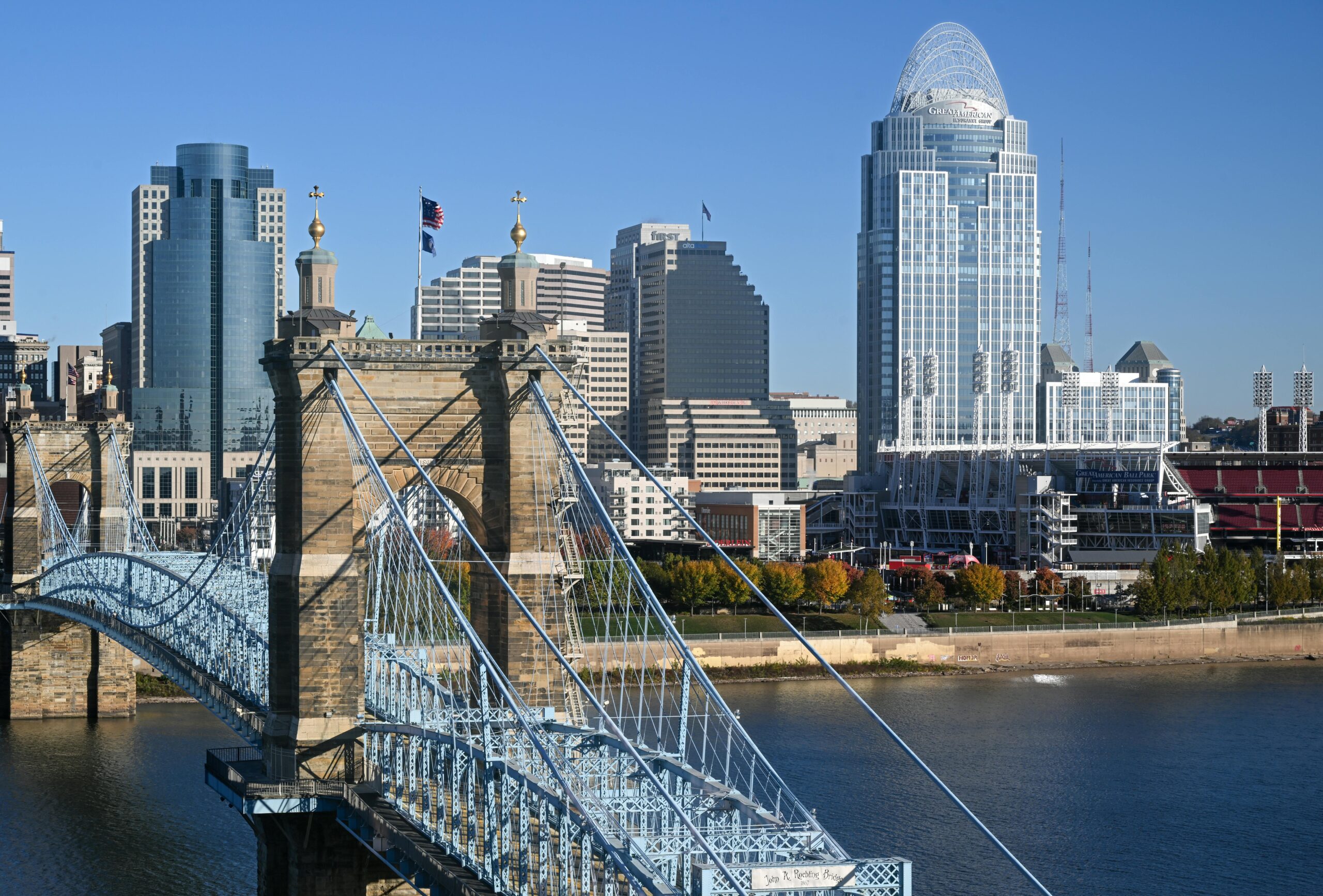 The John A. Roebling Suspension Bridge showing Cincinnatii