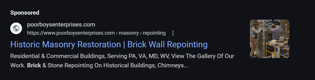 PPC ad for a masonry repair company