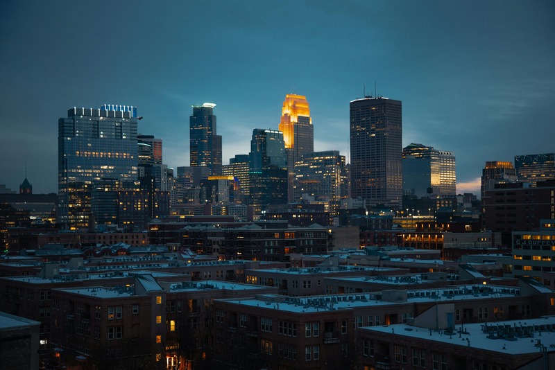 a picture of Minneapolis skyline at night