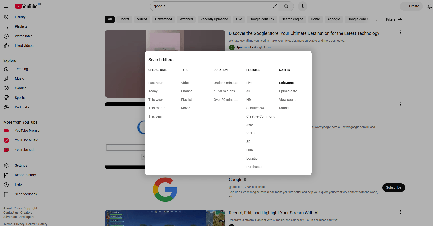 screenshot of YouTubes search filters