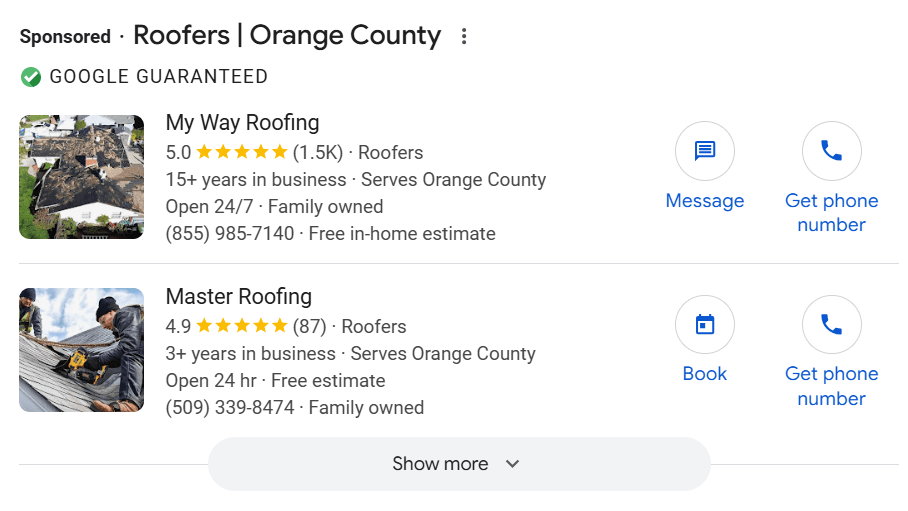 google lsa ads for california roofers