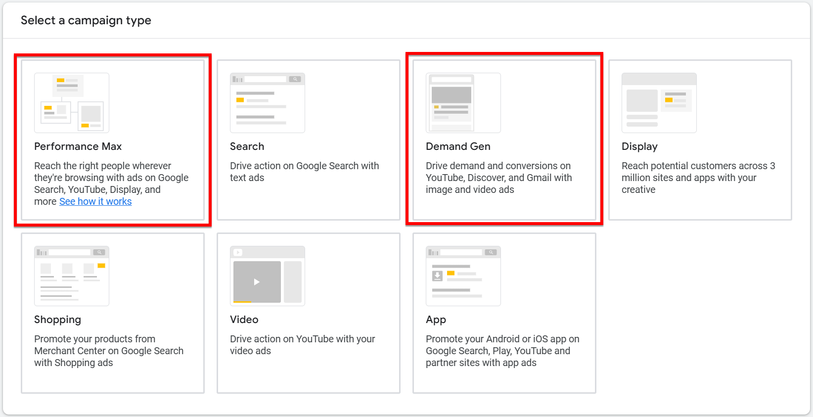 Options in Google Ads to set up Performance Max and Demand Gen campaigns