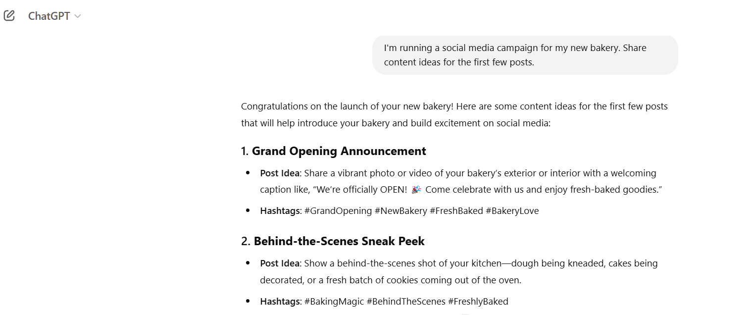 ChatGPT schreenshot on how to use the tool for content creation