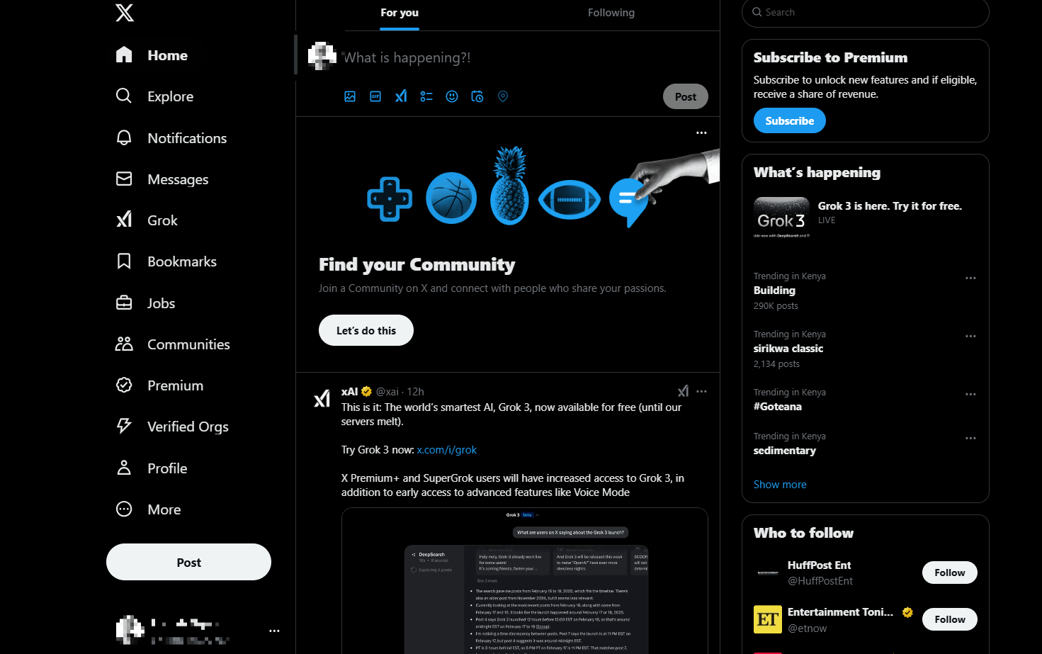screenshot of the X home page