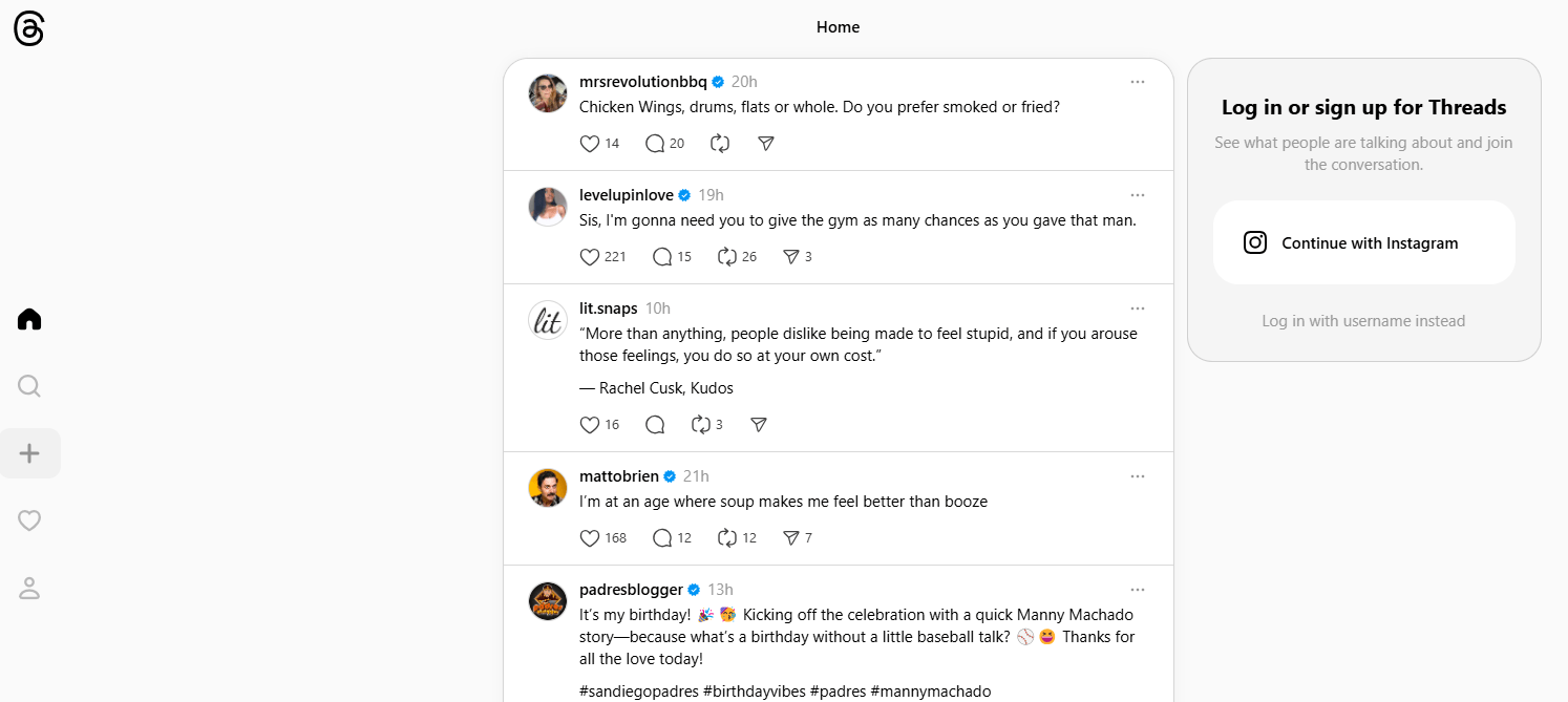 screenshot of the Threads home page