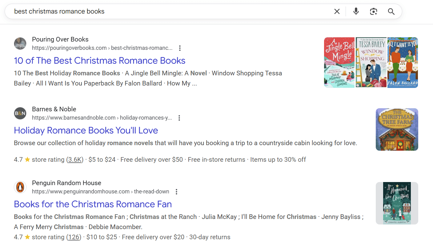 Search results for the query "best Christmas romance books." 