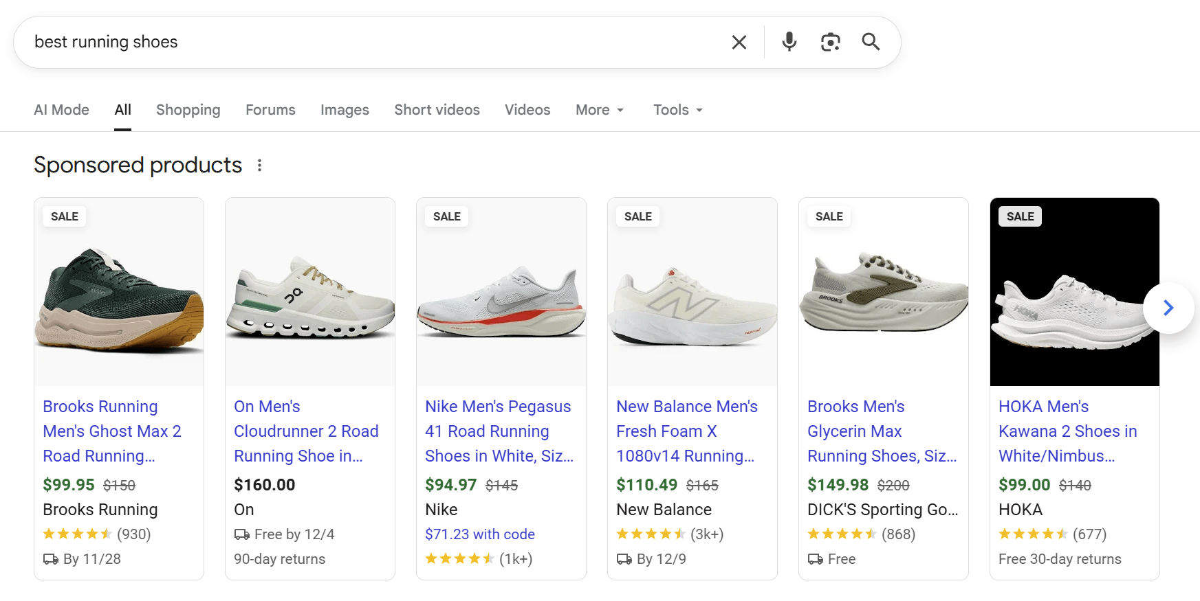 Search results in Google for the query "best running shoes." 