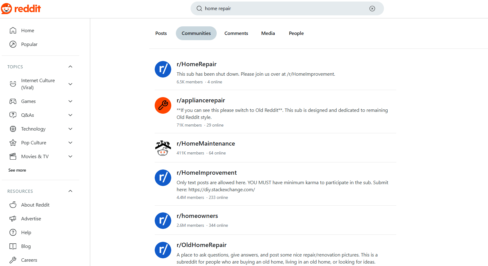 screenshot of subreddit communities for home services businesses