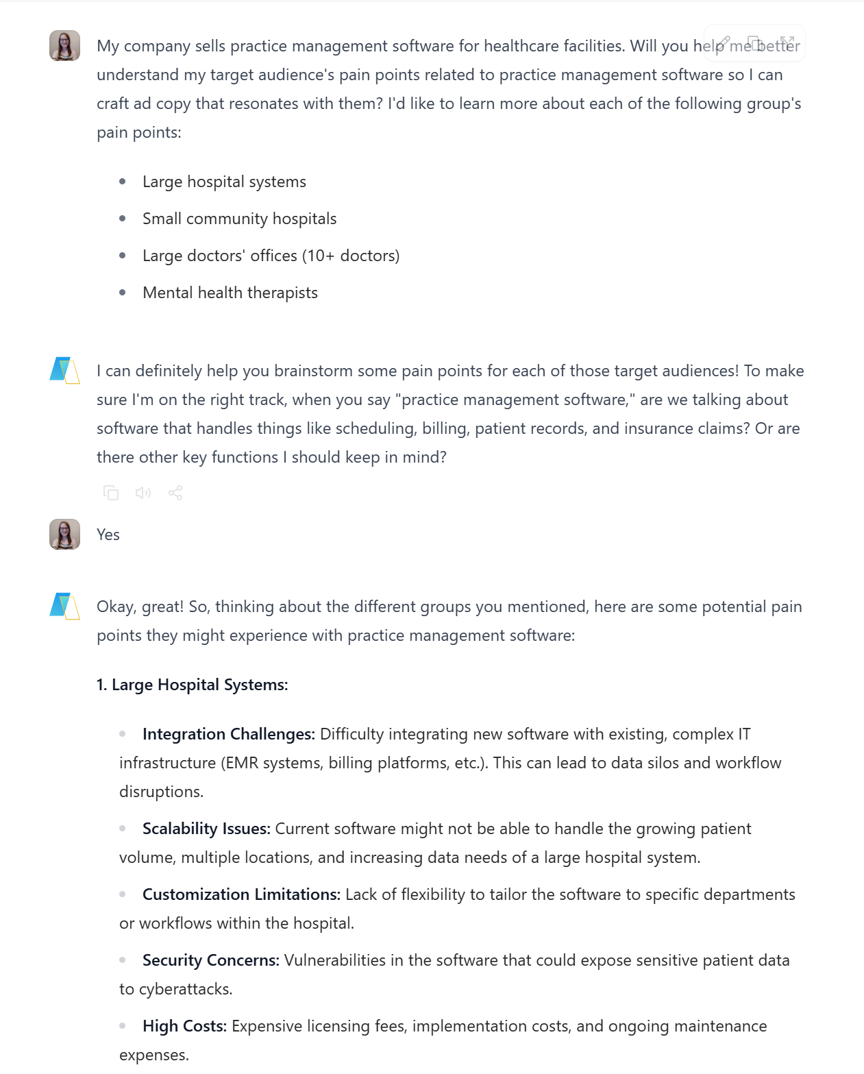 A chat in TeamAI asking for a breakdown of the pain points for various types of healthcare facilities when choosing a practice management software