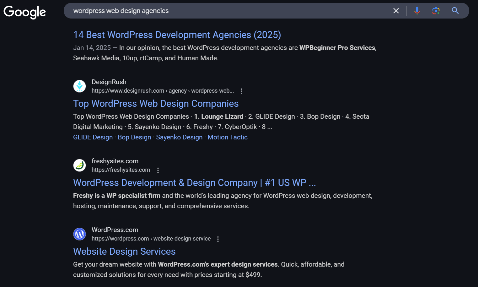 Google search results for a WordPress web design agency