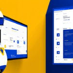 AI robot presenting analytics dashboard beside mobile chatbot interface on blue and yellow split background