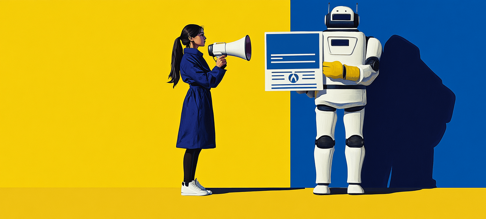 Woman with a megaphone talking towards a robot holding an advertisement